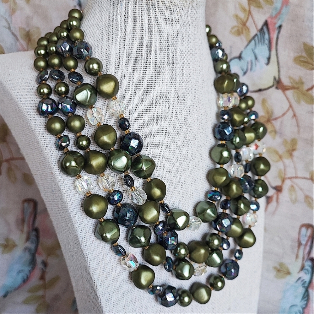 4 Strand Vintage Signed Japan Faux Olive Pearls Glass Oil Slick Clear Necklace - Picture 4 of 11